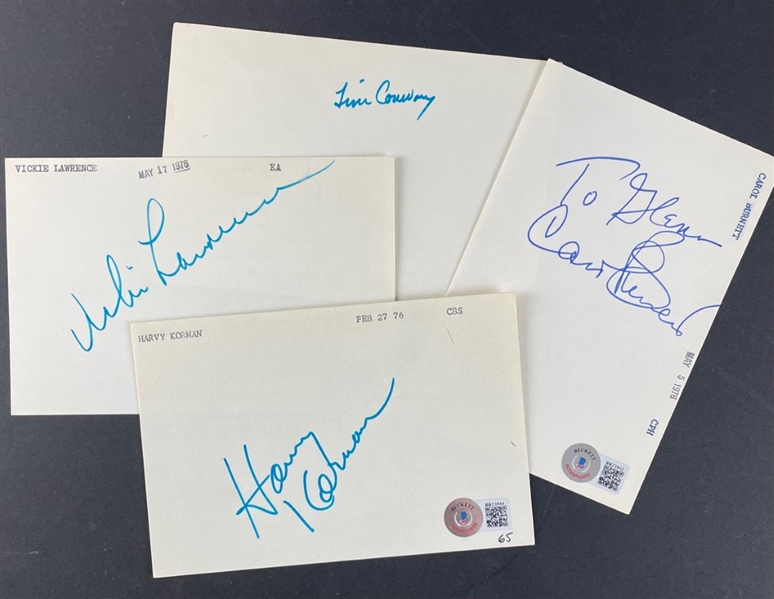 The Carol Burnett Show: Lot of (4) Tim Conway, Carol Burnett, Harvey Korman, and Vicki Lawrence Individually Signed Index Cards (Beckett/BAS)