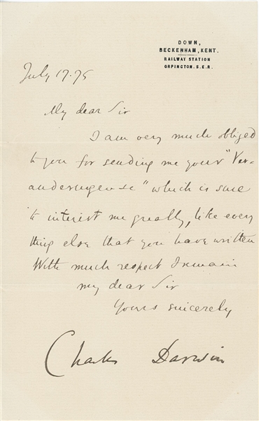 Charles Darwin 1875 Manuscript Letter Signed (Beckett/BAS Guaranteed)