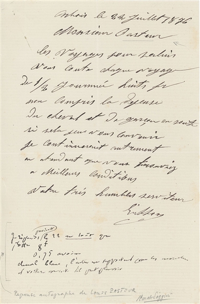 Louis Pasteur Autograph Note With Calculations Regarding a Carriage Ride (Beckett/BAS Guaranteed)
