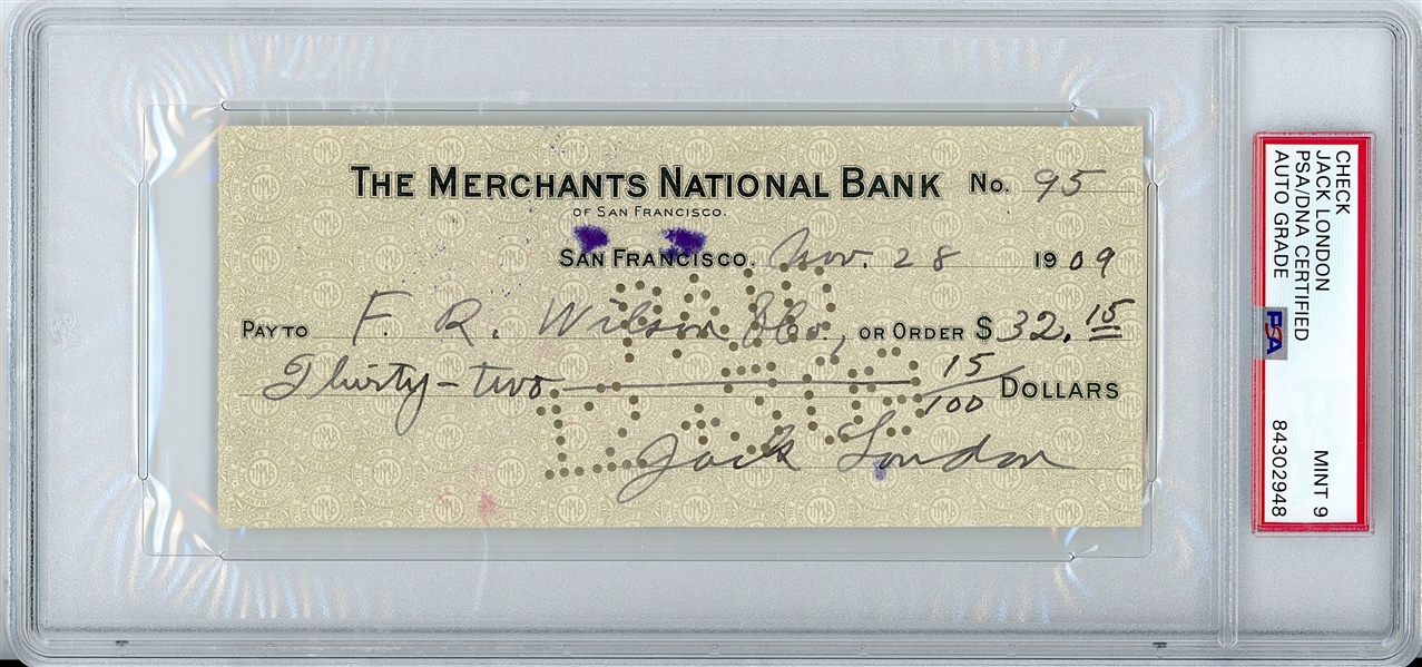 Jack London 6.25” x 2.75” Signed Check (PSA Encapsulated MINT 9 Autograph Grade) 