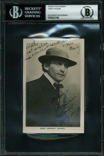 Harry Houdini Superb Signed & Inscribed 3.5" x 5.5" Portrait Postcard Photo (Beckett/BAS Encapsulated)