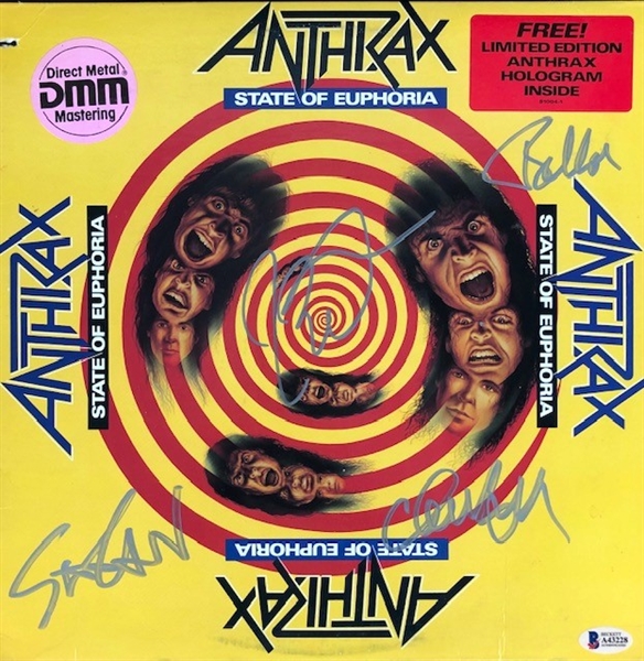 ANTHRAX Group Signed "State of Euphoria" Album Cover, signed by Scott Ian, Joey Belladonna, Charlie Benante, and Frank Bello (Beckett/BAS)