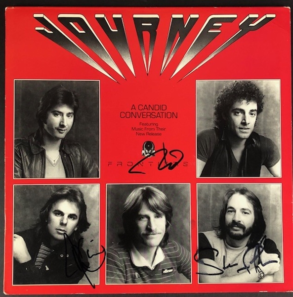 Journey Group Signed Album "A Candid Conversation" LP Cover, includes signatures from Ross Vallory, John Cain, and Dean Castronova (Beckett/BAS Guaranteed)