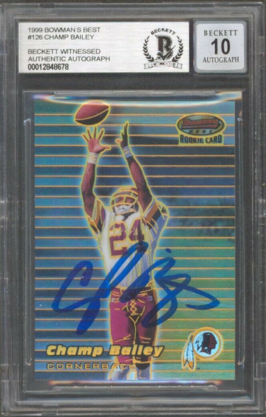 Champ Bailey Sined 1999 Bowmans Best Rookie Card with Beckett/BAS Graded 10 Auto!