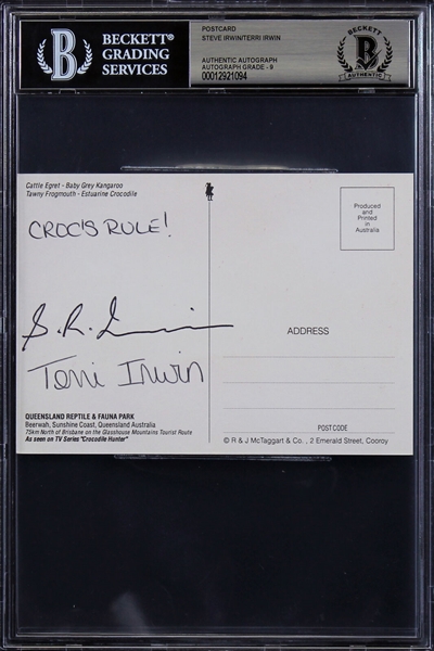 Steve Irwin & Terri Irwin Dual Signed Queensland Reptile Park Postcard (Beckett/BAS Encapsulated)