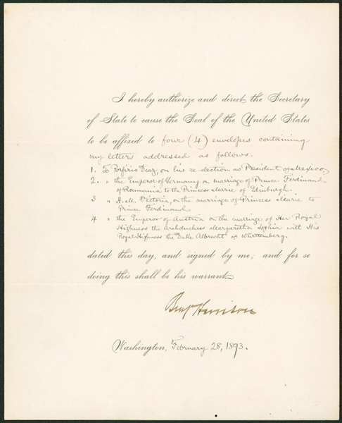 President Benjamin Harrison Signed Document with Reference to Proferio Diazs Election (Beckett/BAS MINT 9 Autograph)
