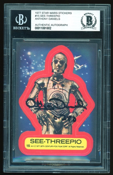 Star Wars: Anthony Daniels Signed 1977 Star Wars Stickers Card #15 (BAS Encapsulated)