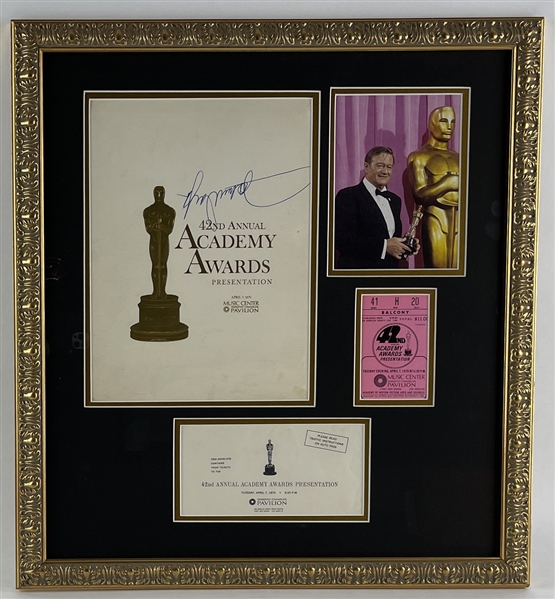 John Wayne Signed 1970 Academy Awards Program with Ticket in Custom Framed Display :: Year He Won for "True Grit"! (PSA/DNA LOA)