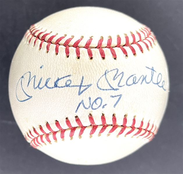Mickey Mantle Single Signed New York Penn League Baseball with "No. 7" Inscription (JSA LOA)