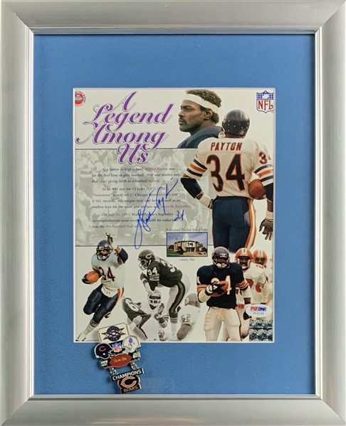Walter Payton Signed 8" x 10" Color Photo in Framed Display with Super Bowl XX Pin (PSA/DNA LOA)