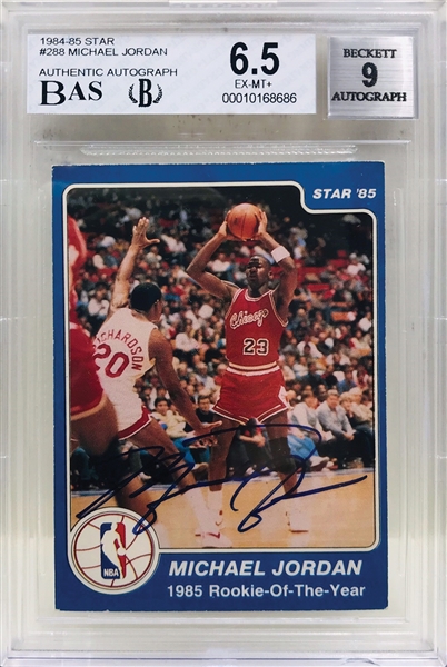 Michael Jordan Signed 1984-85 Star #288 Rookie of the Year Card (UDA)(BGS EX-MT+ 6.5 w/MINT 9 Autograph)
