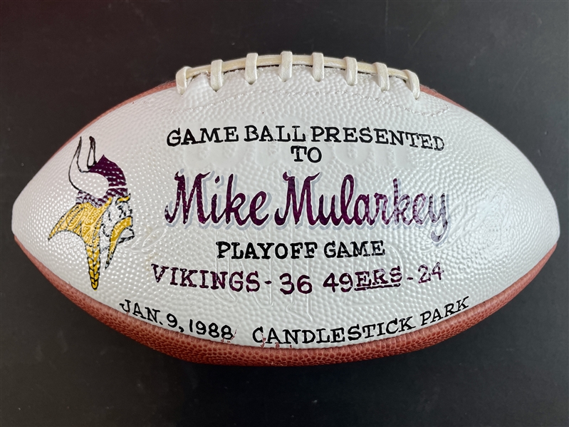 Mike Mularkeys Personal 1988 Vikings VS 49ers Playoff Game Ball from Playing Days with Vikings (Coach Mike Mularkey Collection)