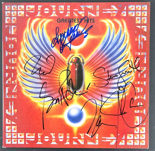 Journey : Group Signed Album Cover w/ Sigs from Smith, Schon, Cain, Rolie, Valory, & Dunbar(BAS Guaranteed)