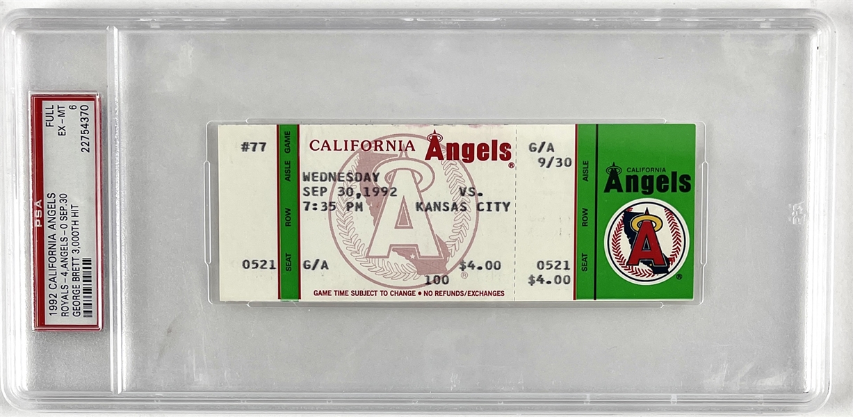 George Brett 3,000 Hit Full Game Ticket (9-30-1992 vs. California Angels)(PSA Authentic)