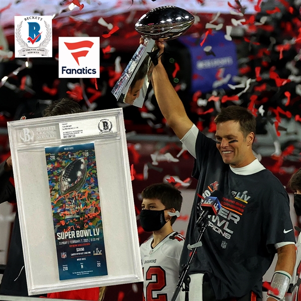 Tom Brady RARE 1/1 Signed Super Bowl LV Ticket with SB LV MVP - Bucs Nation - Let's Go Inscription with GEM MINT 10 Auto! (Beckett/BAS Encapsulated)