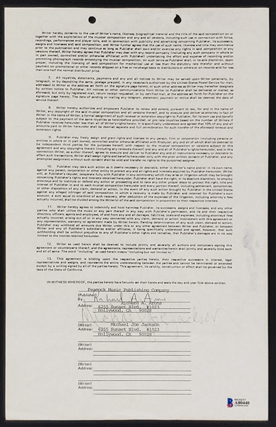 Michael Jackson Signed 1976 Standard Songwriter's Publishing Contract with RARE Michael Joe Jackson Signature (Beckett/BAS LOA)