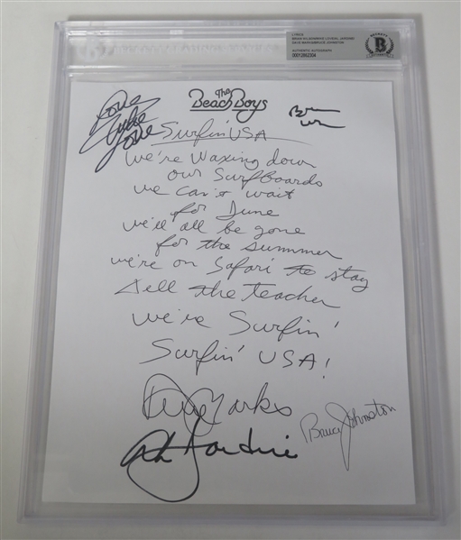 The Beach Boys Group Signed "Surfin USA" Lyrics by 5 Members (Beckett/BAS Encapsulated & JSA LOA)