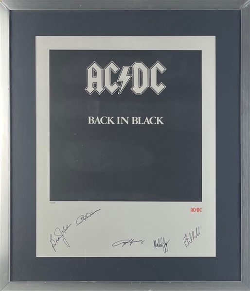 AC/DC: Group Signed LIMITED EDITION 22" x 28" Back in Black Lithograph in Custom Framing (Visual Gallery COA & BAS Guaranteed)