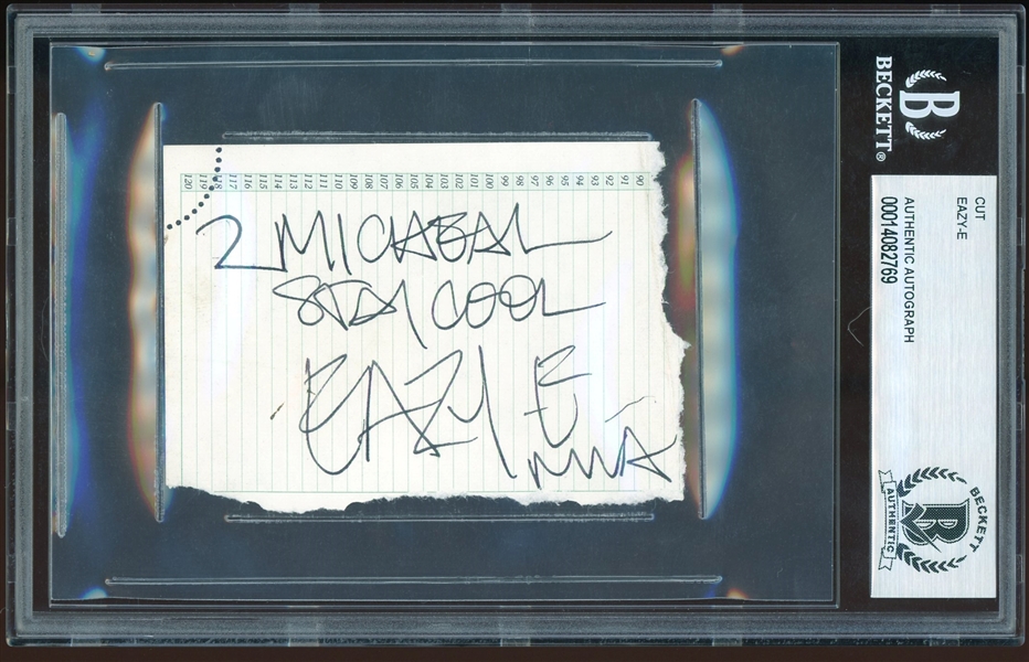 NWA: Eazy-E RARE Signed & Inscribed 2.5 x 3.75 Sheet (BAS ENCAPSULATED)