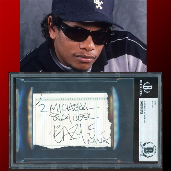 NWA: Eazy-E RARE Signed & Inscribed 2.5 x 3.75 Sheet (BAS ENCAPSULATED)