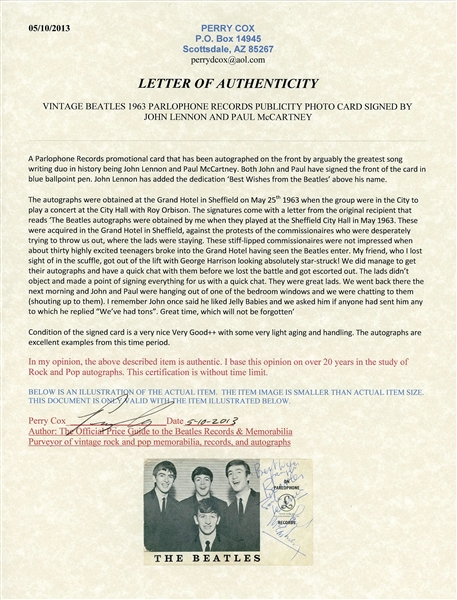 Beatles: John Lennon & Paul McCartney 1963 Signed Parlophone Photocard (PSA Encap, Caiazzo, Cox & Tracks LOAs) 