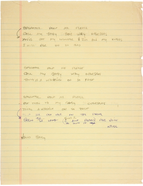 Stevie Ray Vaughan Handwritten Lyrics For "Telephone Song" From The Vaughan Brothers Album Family Style, 1990 (SRV Fiancee LOA & Beckett/BAS Guaranteed)