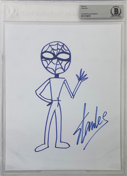 Stan Lee Hand Drawn & Signed Spider-Man Sketch on 8 x 10 Sheet (Beckett/BAS Encapsulated)