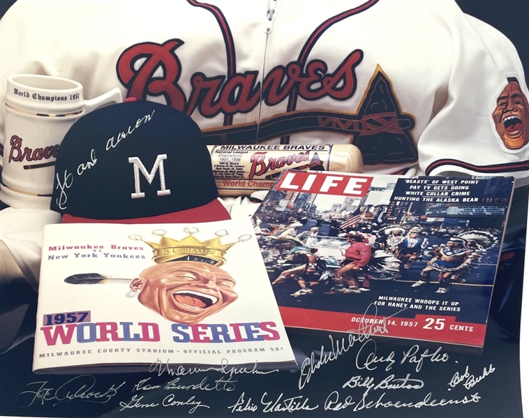 1957 Milwaukee Braves World Series Collage Photo, Signed by 12 players including Aaron, Mathews, Spahn, and more! (Beckett/BAS)