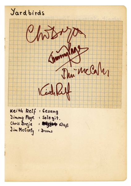 The Yardbirds Group Signed Jimmy Page Line-Up Autographs 1967 Offenbach (4 Sigs) (Germany) (Tracks COA) 