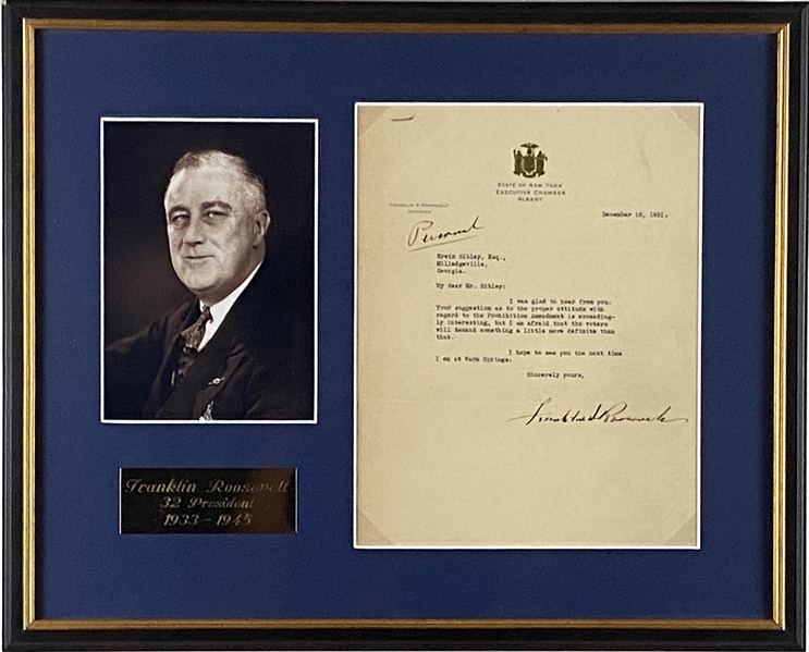 Franklin D. Roosevelt Signed Letter on “Prohibition” Framed (JSA LOA) 