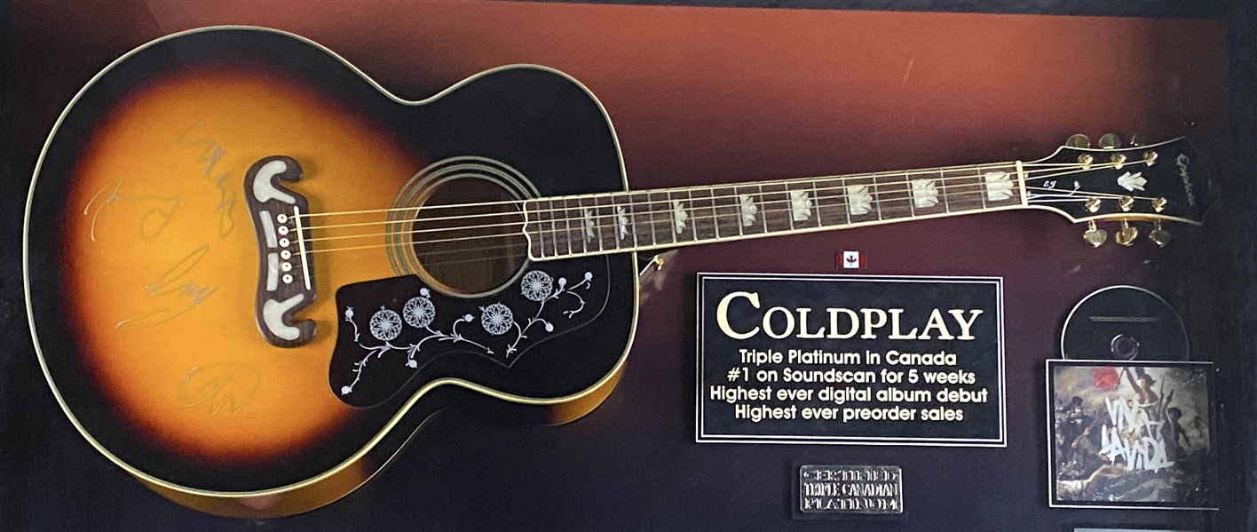 Coldplay Display Featuring Group Signed Epiphone Acoustic Guitar (4 Sigs) (MusiCares & Grammy Foundation Lineage) (Beckett/BAS Guaranteed)