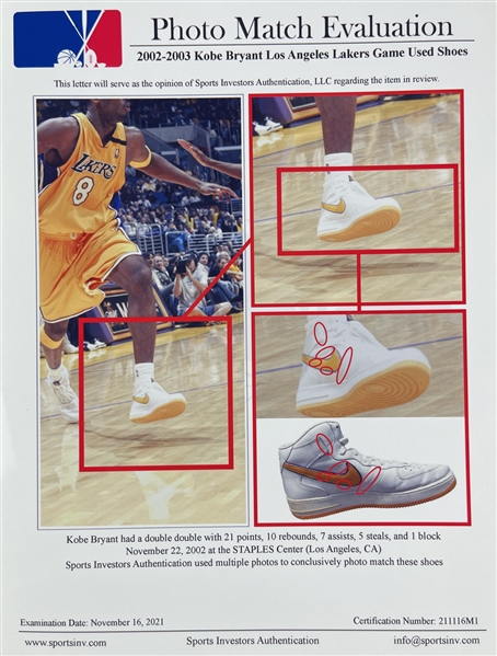 Kobe Bryant ULTRA RARE 2002 Game Worn & PHOTO MATCHED Nike Air Force Ones :: Worn for a Triple-Double & Double-Double! (Sports Investors/SIA LOA)