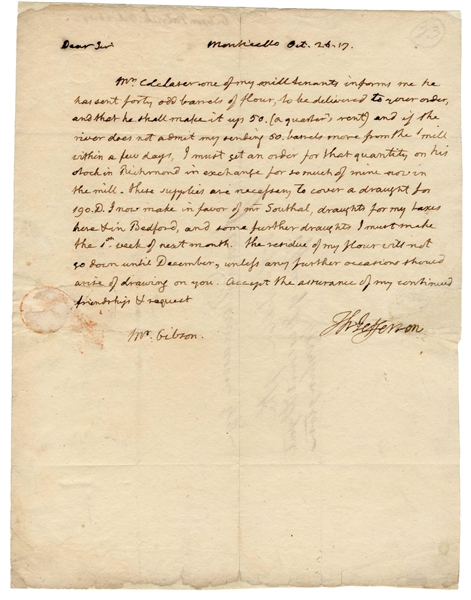 Thomas Jefferson Authentic Signed Polygraph Letter :: Jefferson Pledges to Pay His Taxes with Wheat Flour (Beckett/BAS LOA)