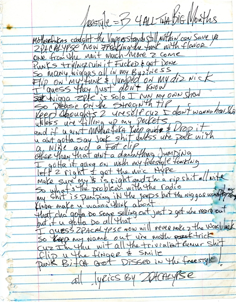 Tupac Shakur RARE '2PACALYPSE' Signed Unreleased 4 All Tha Big Mouths Handwritten Freestyle Lyrics (JSA LOA)