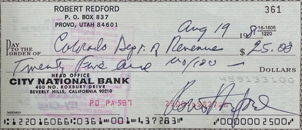 Robert Redford Signed Bank Check (Beckett/BAS Guaranteed)