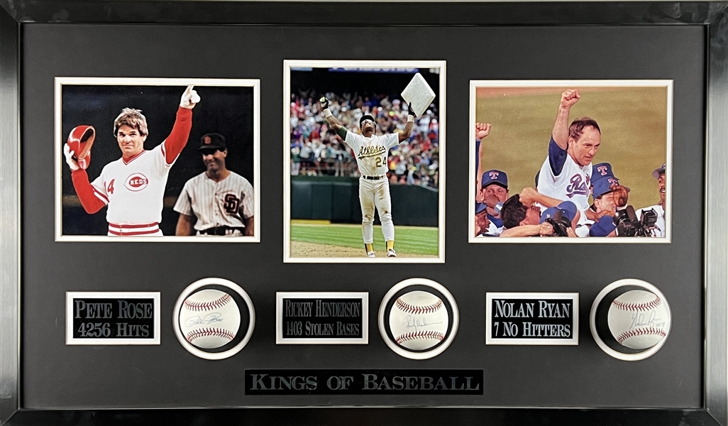 “Kings of Baseball” Ryan, Rose & Henderson Display of Three Signed Baseballs (Steiner) (Beckett/BAS Guaranteed) 