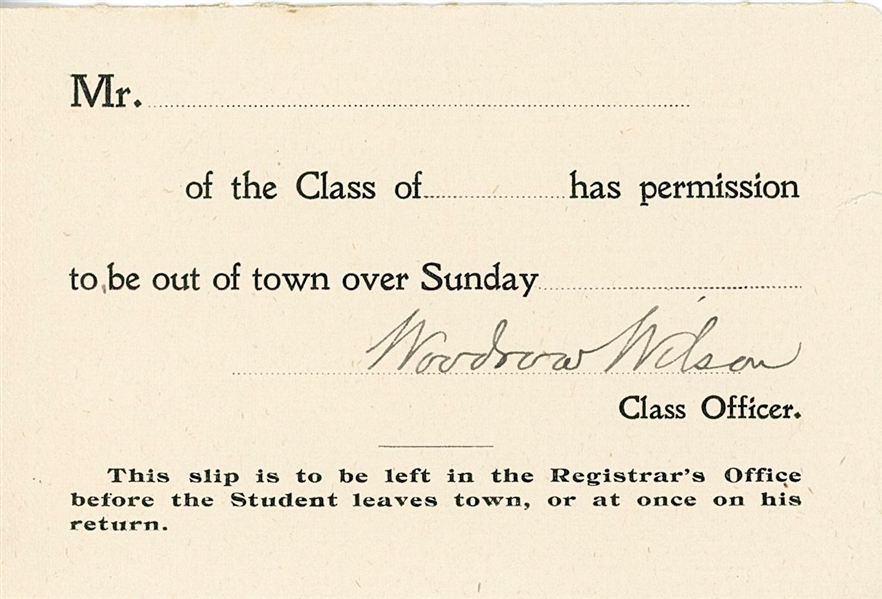 Woodrow Wilson Signed Permission Slip (Beckett/BAS LOA)