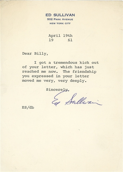 Ed Sullivan 1961 Typed Letter Signed (Beckett/BAS Guaranteed)