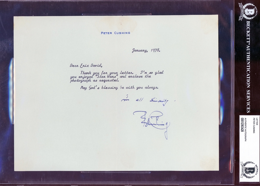 Peter Cushing Signed & Typed Personalized Letter w/ Star Wars Mention (Beckett/BAS Encapsulated)