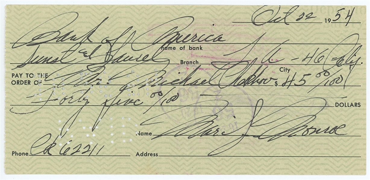 Marilyn Monroe Signed and Handwritten 1954 Check (Beckett/BAS Guaranteed)