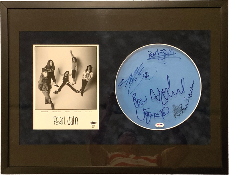 Pearl Jam Group Signed Drumhead (Original "Vs." Lineup) in Custom Framed Display (PSA/DNA LOA)