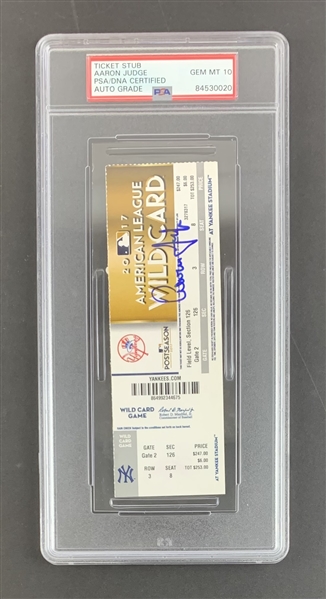 Aaron Judge Signed 2017 AL Wild Card Game Ticket :: 10-3-2017 vs. Twins :: Judges First Playoff Game & Playoff Home Run! (PSA/DNA GEM MINT 10 Autograph)