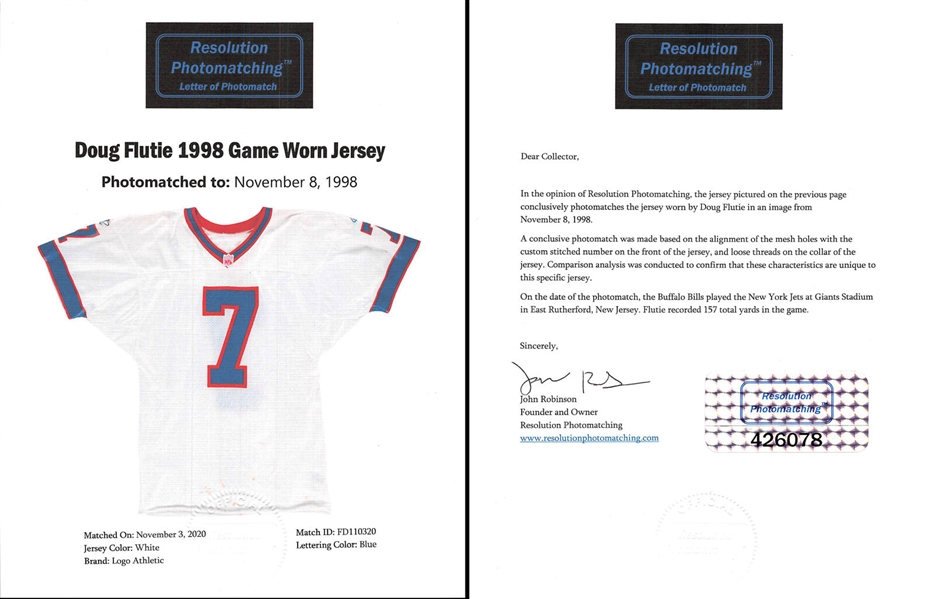 Doug Flutie Signed Game Used Jersey and Pants :: Photomatched to 11/8/98 Game vs. NYJ :: Only Known Flutie Photomatched Jersey! (Resolution Photomatching & PSA/DNA)