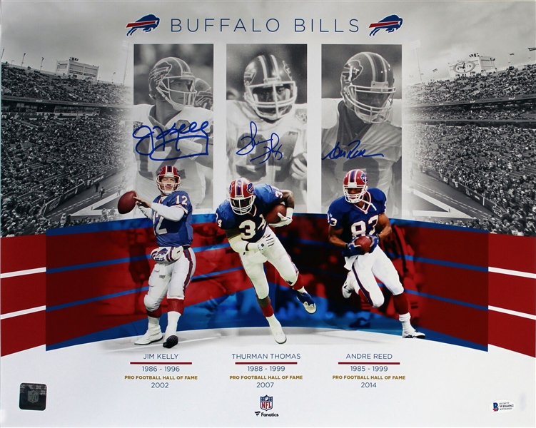Bills Legends: Jim Kelly, Thurman Thomas & Andre Reed Signed 16" x 20" Color Photo (BAS)