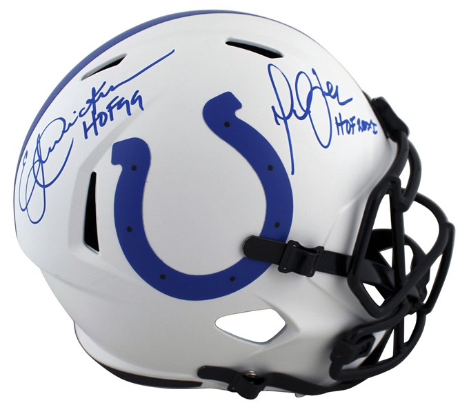 Colts HOF RBs: Eric Dickerson & Marshall Faulk Dual Signed Indianapolis Colts Full Size Lunar Speed Replica Helmet (Beckett/BAS)