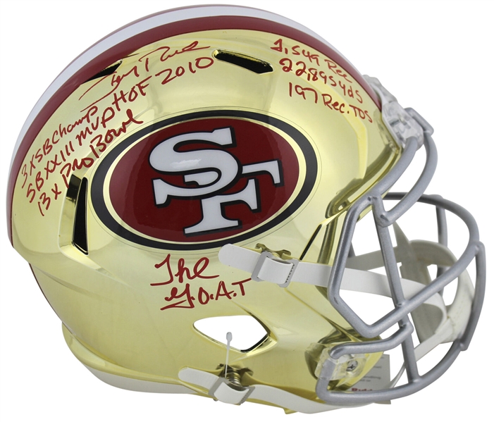 Jerry Rice Signed Full Size 49ers Chrome Helmet with Handwritten Career Stats! (Beckett/BAS)