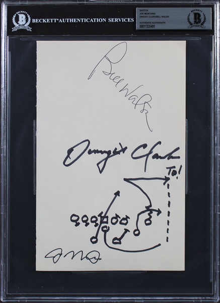 49ers Icons: Bill Walsh, Joe Montana & Dwight Clark Signed 5.75 x 8 Sheet with Clark Handwritten Play for The Catch! (Beckett/BAS Encapsulated)