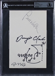 49ers Icons: Bill Walsh, Joe Montana & Dwight Clark Signed 5.75" x 8" Sheet with Clark Handwritten Play for "The Catch"! (Beckett/BAS Encapsulated)