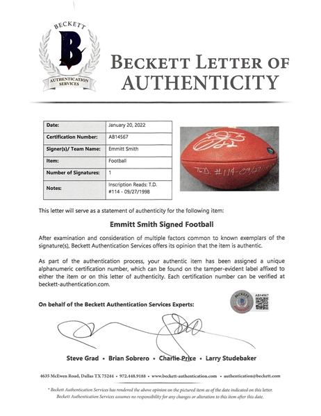 Emmitt Smith Signed & Game Used Football Carried for Career TD #114 (Beckett/BAS LOA)