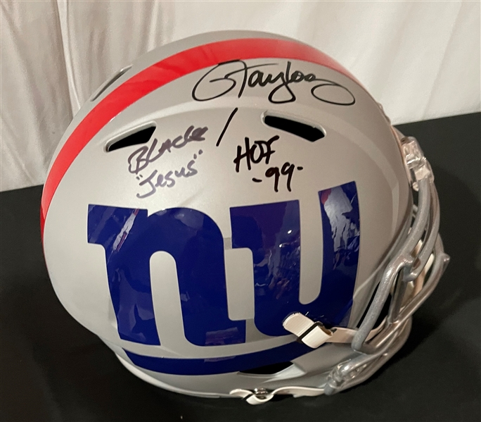 Lawrence Taylor Signed & "Black Jesus, HOF 99" Inscribed NY Giants Replica Helmet (JSA Witnessed)
